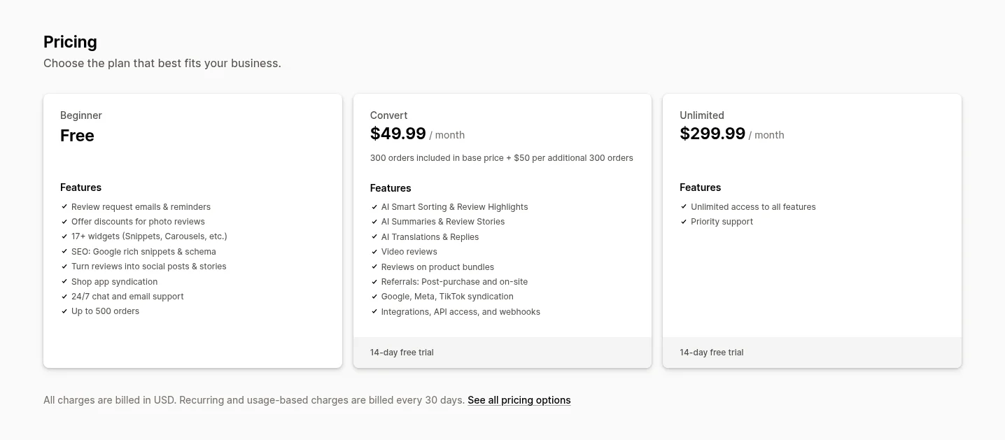 Loox pricing on its Shopify App Store listing: Beginner free, Convert $49.99 and Unlimited $299.99