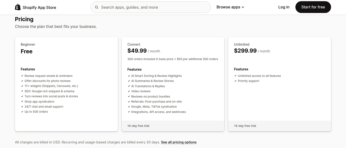 Loox pricing on the Shopify App Store: Beginner, Convert and Unlimited plans