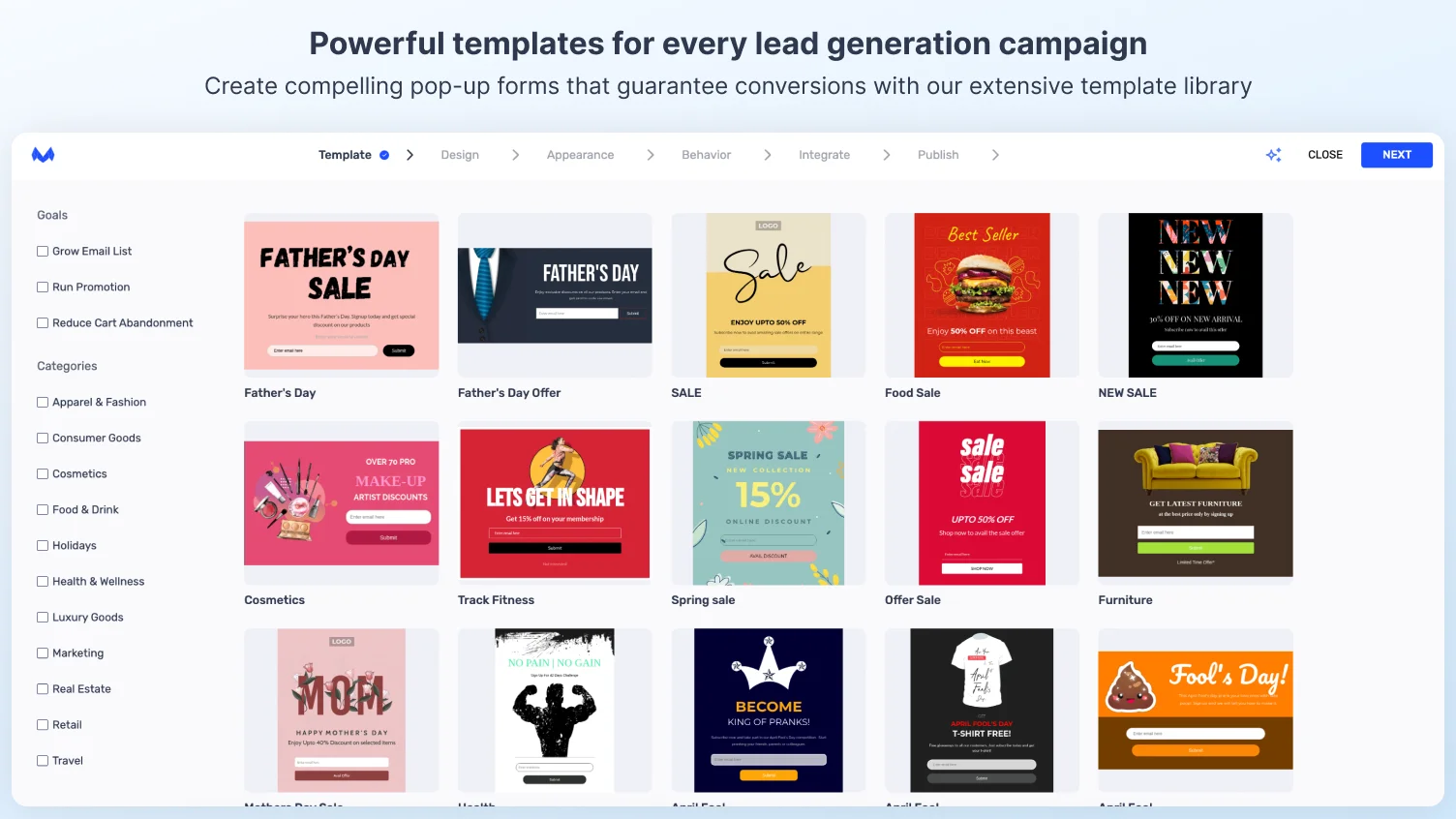 Mailmunch popup template library filtered by goal and category, with seasonal sale and promotion designs