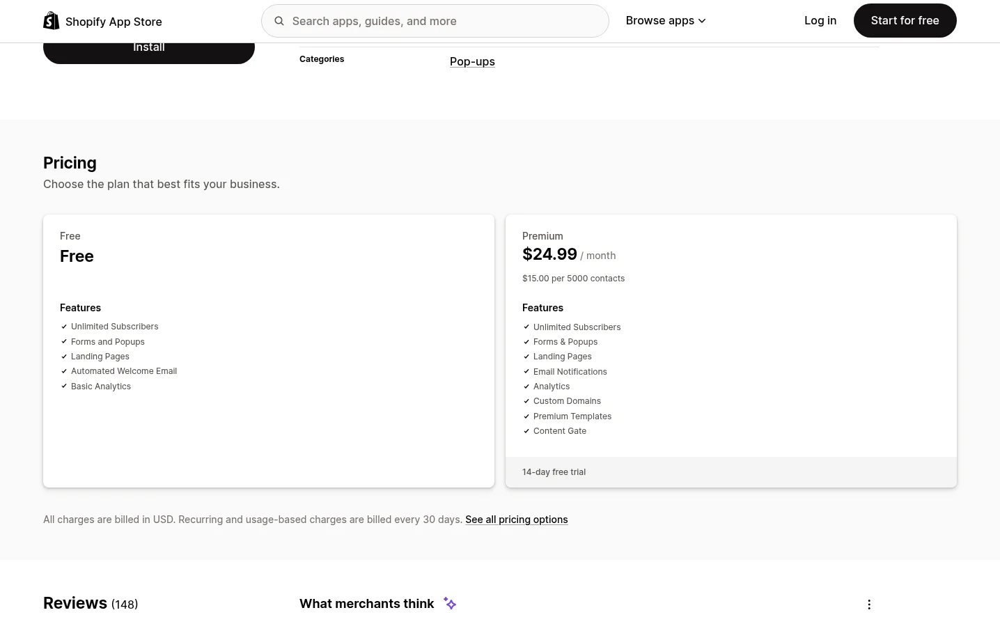 Mailmunch's Shopify App Store pricing: Free and Premium at $24.99 per month