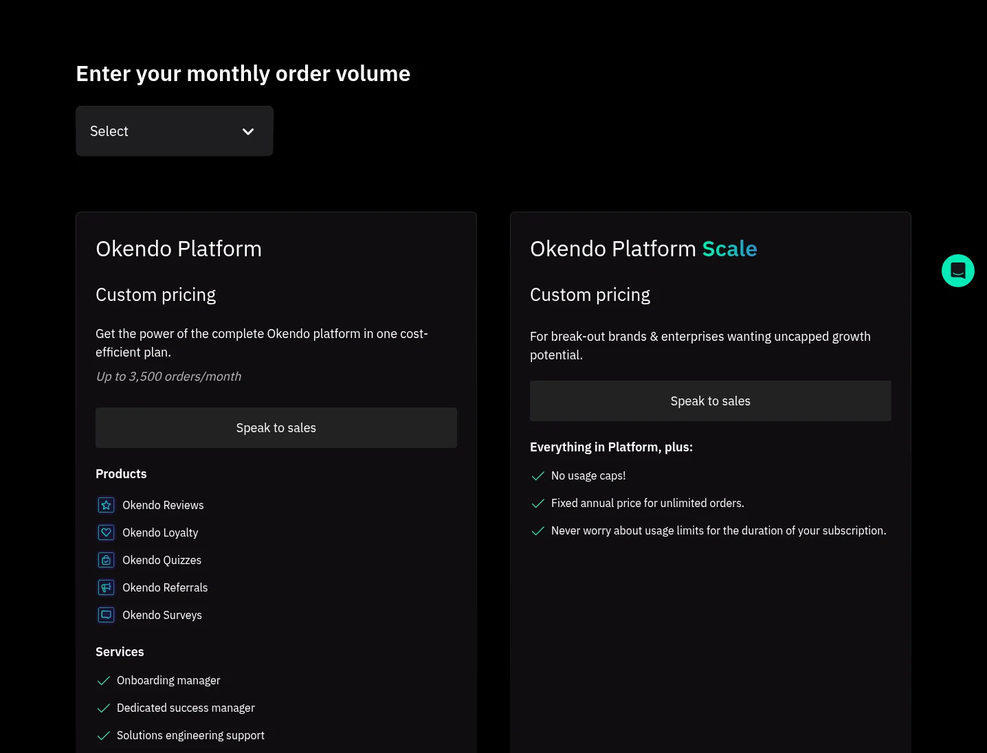 Okendo pricing page showing custom-priced Okendo Platform and Platform Scale plans