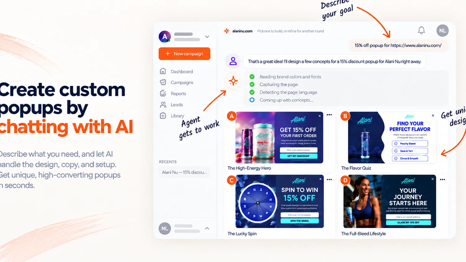 OptiMonk's AI agent creating four popup concepts, including a spin-to-win wheel and a quiz, from a 15% off prompt