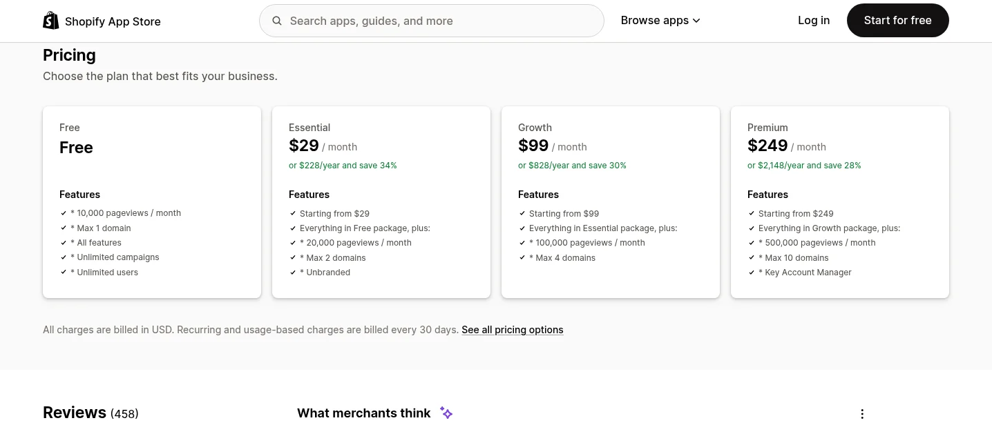 OptiMonk pricing on the Shopify App Store: Free, Essential, Growth and Premium plans
