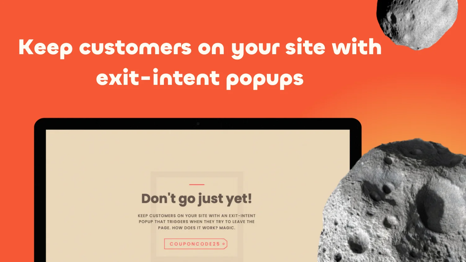 Pixelpop exit-intent popup on a laptop screen with a 'Don't go just yet!' message and a coupon code