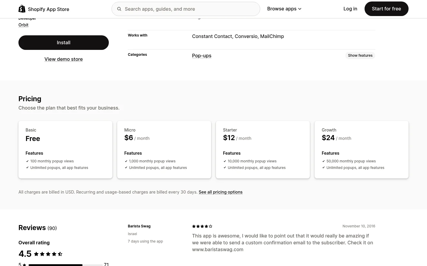 Pixelpop's Shopify App Store pricing: Basic free, Micro $6, Starter $12 and Growth $24 per month