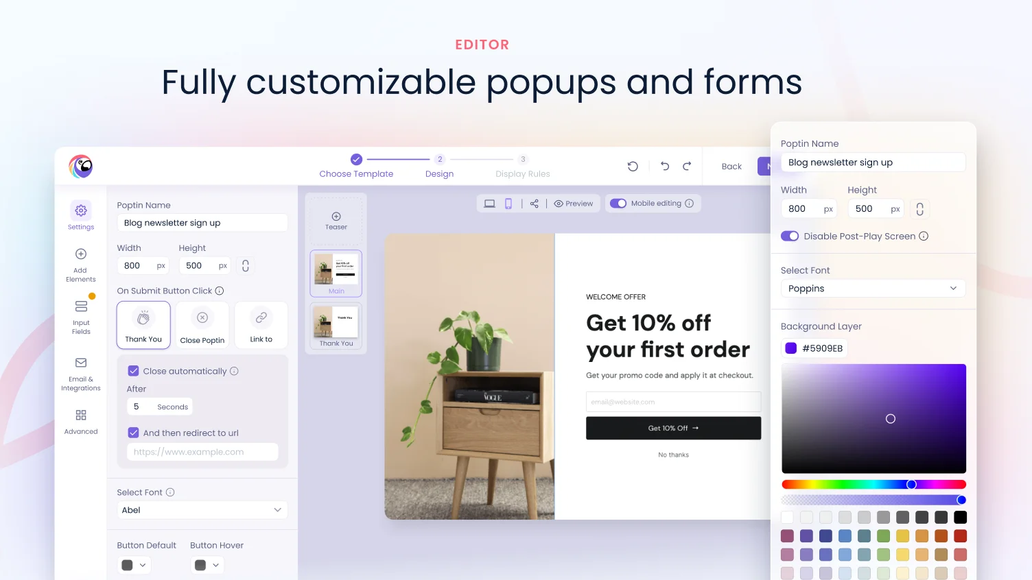 Poptin's popup editor showing a 'Get 10% off your first order' popup with size, font and colour settings