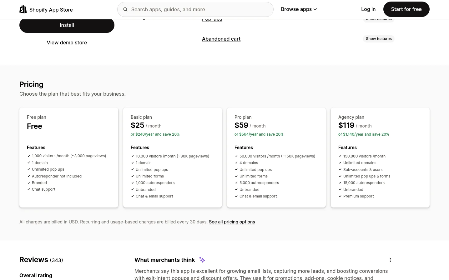Poptin's Shopify App Store pricing: Free, Basic $25, Pro $59 and Agency $119 per month