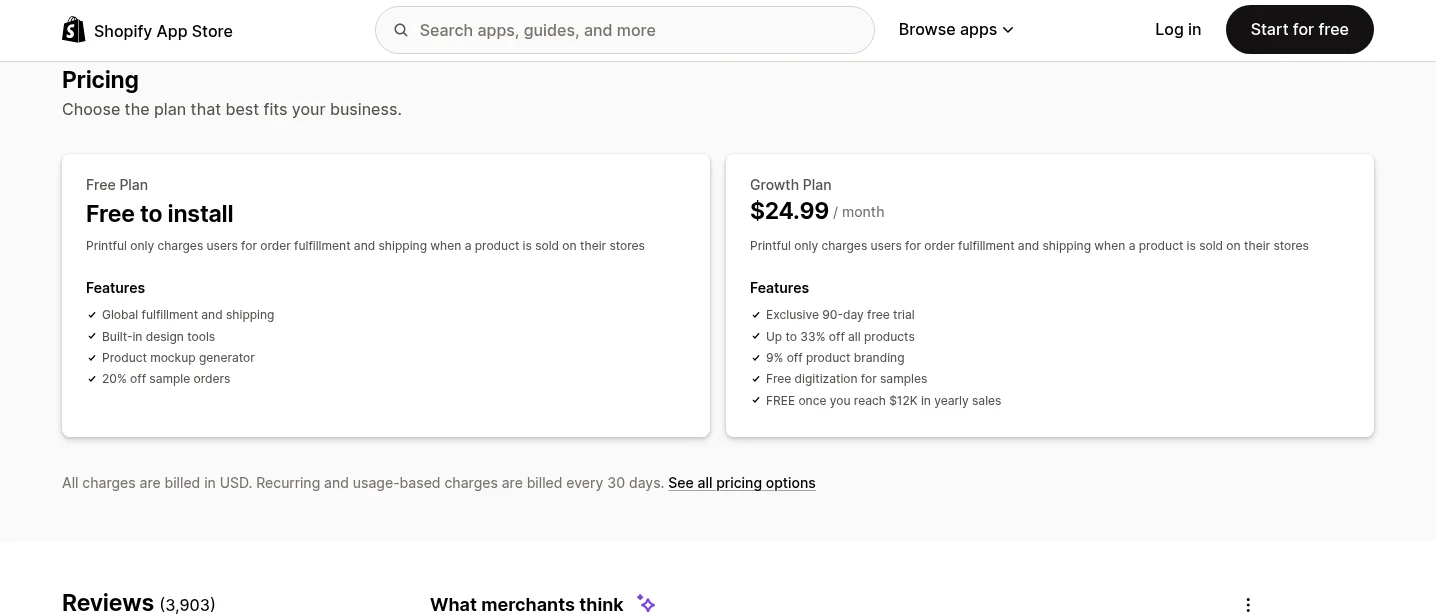 Printful pricing on the Shopify App Store: Free plan and Growth plan