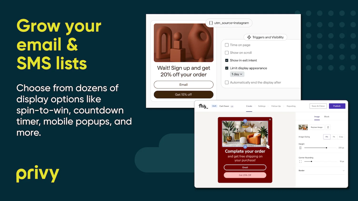 Privy popup editor with exit-intent and display-frequency triggers and a cart saver popup offering free shipping