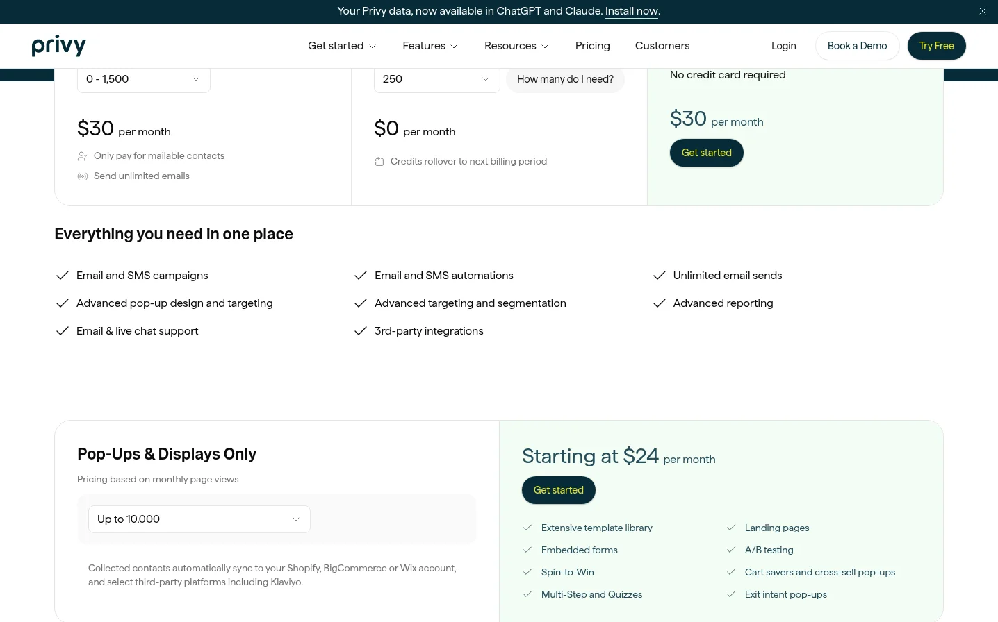 Privy pricing page showing the email plan and the Pop-Ups & Displays plan from $24 a month