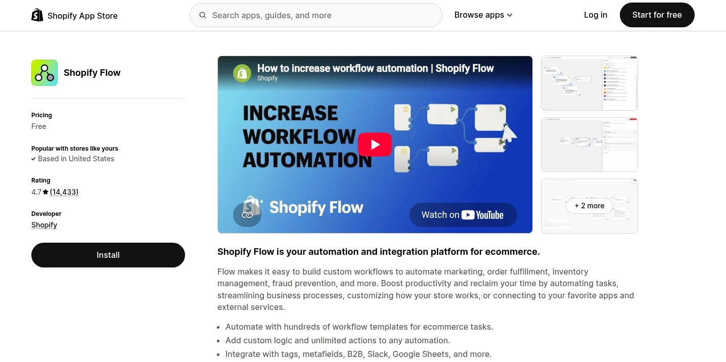 Shopify Flow listing on the Shopify App Store showing free pricing and 4.7 rating