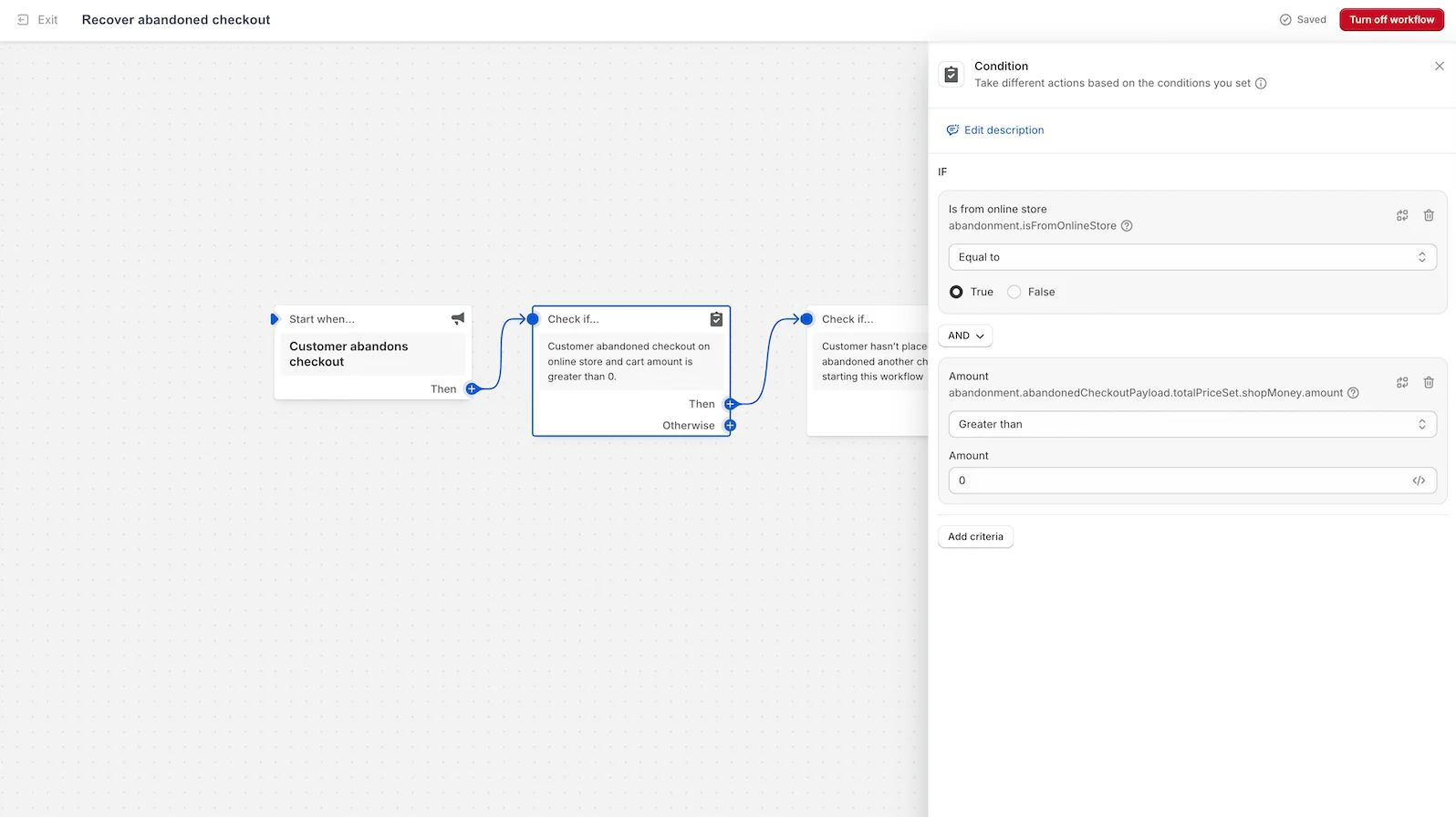 Shopify Flow visual workflow builder with a trigger, condition and actions