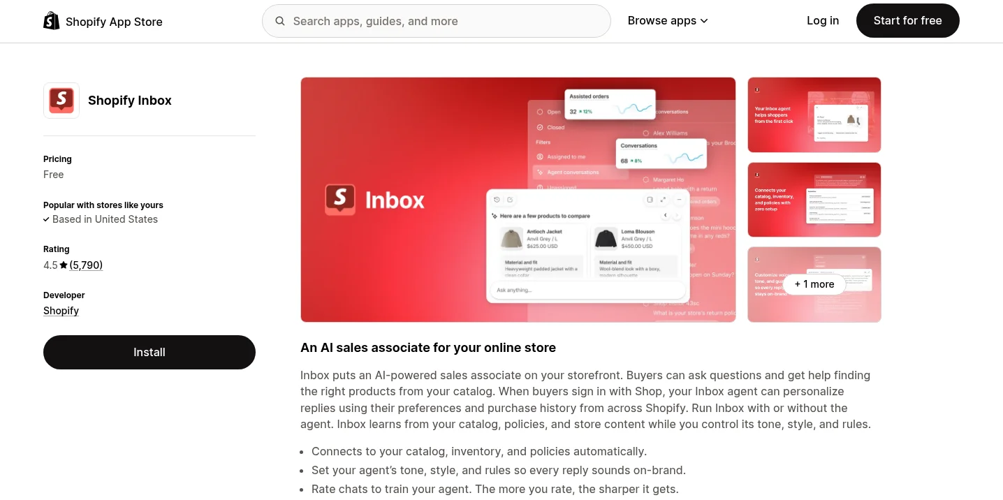 Shopify Inbox listing on the Shopify App Store showing free pricing and 4.5 rating