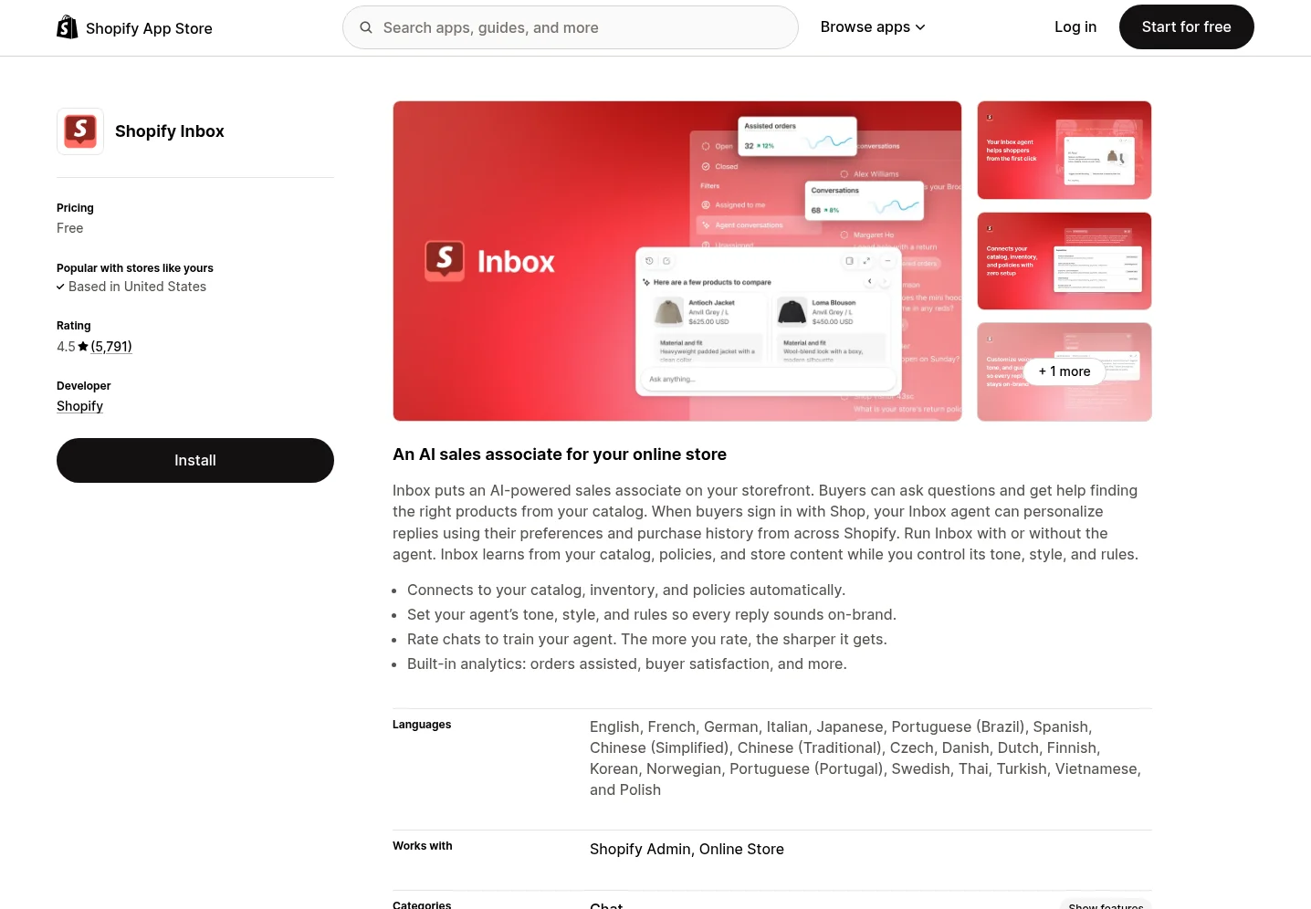 Shopify Inbox listing on the Shopify App Store showing a free price and a 4.5 rating from 5,791 reviews