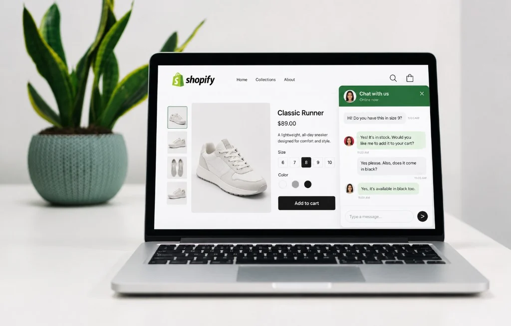 Live chat app on a Shopify store: a laptop showing a sneaker product page with a chat window where an agent confirms size 9 is in stock and offers to add it to the cart