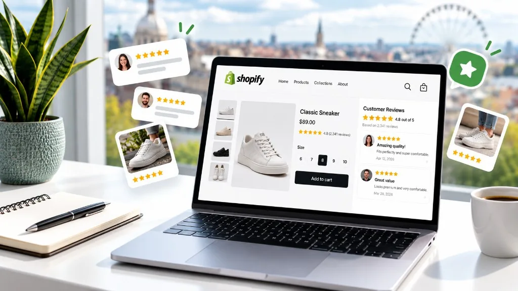Shopify review app on a product page: a laptop showing a sneaker listing rated 4.8 out of 5 from 2,341 reviews, with five-star customer review cards and photo reviews around it