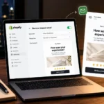Review request email automation on Shopify: a laptop showing a review request email set to send 7 days after delivery, and the same email on a phone asking "How was your experience?" with a Write a review button
