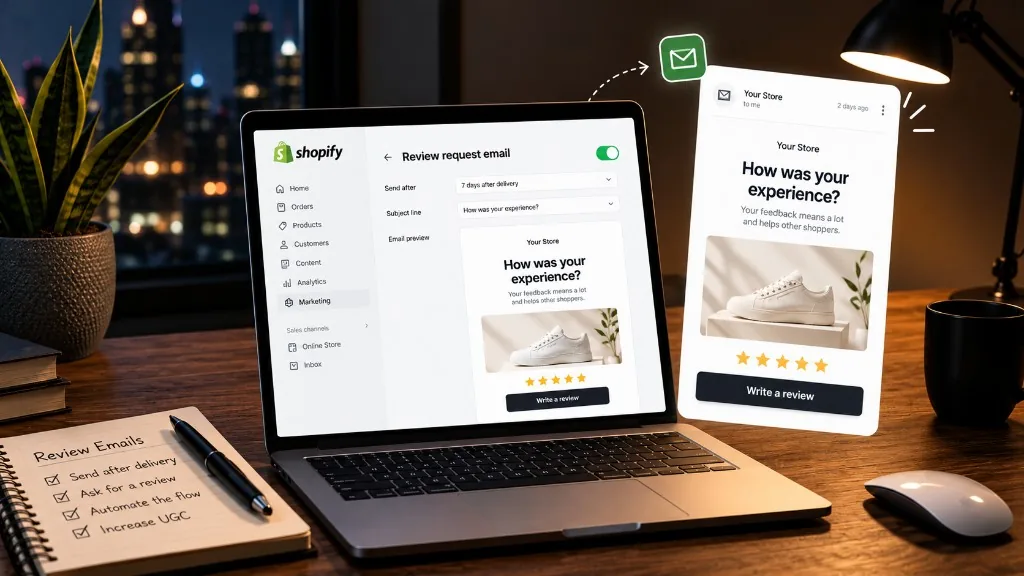 Review request email automation on Shopify: a laptop showing a review request email set to send 7 days after delivery, and the same email on a phone asking "How was your experience?" with a Write a review button