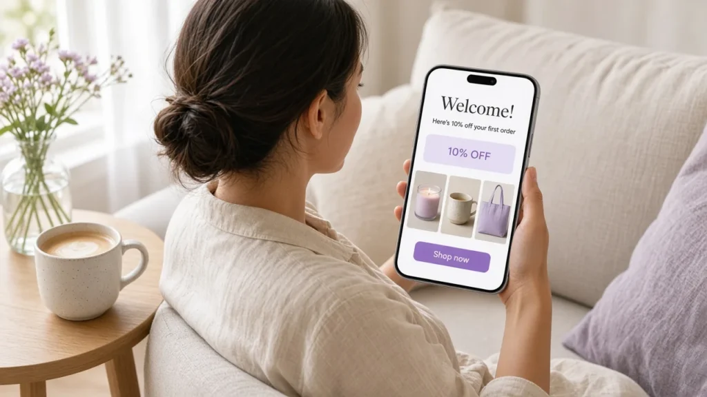 Welcome email offering 10% off the first order, with product picks and a Shop now button, on a new subscriber's phone