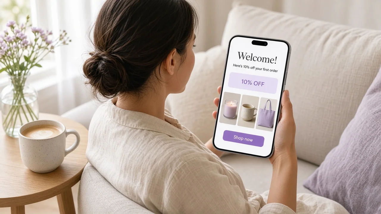 Welcome email offering 10% off the first order, with product picks and a Shop now button, on a new subscriber's phone