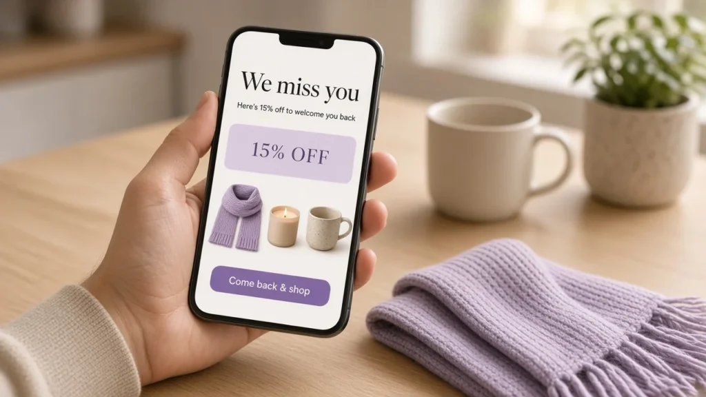 Winback email saying We miss you with 15% off and a Come back & shop button, on a lapsed customer's phone