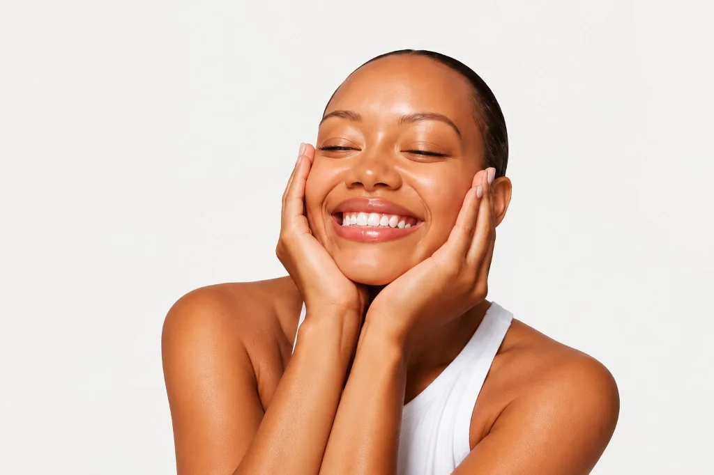 Smiling shopper holding her face, delighted her wishlist item is back in stock