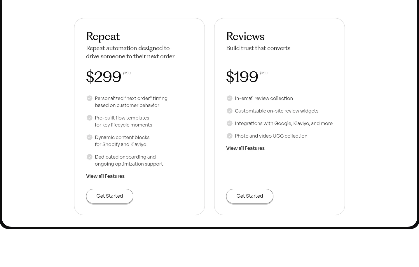 Stamped pricing page showing Repeat at $299 and Reviews at $199 per month