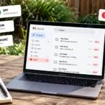 Store emails going to spam: a Gmail spam folder full of store emails on a laptop, with SPF authenticated, DKIM verified and DMARC pass badges, and an email deliverability checklist in a notebook