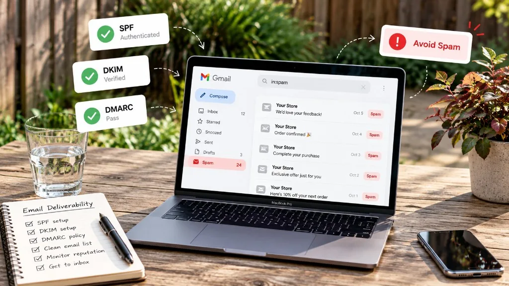 Store emails going to spam: a Gmail spam folder full of store emails on a laptop, with SPF authenticated, DKIM verified and DMARC pass badges, and an email deliverability checklist in a notebook
