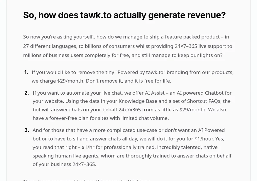 tawk.to's explanation of its paid add-ons: $29 a month to remove branding, AI Assist from $29 a month, and hired chat agents at $1 an hour