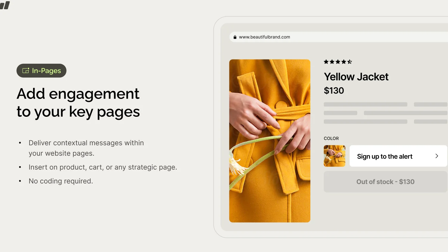 Wisepops in-page message on an out-of-stock product page inviting shoppers to sign up for a back-in-stock alert