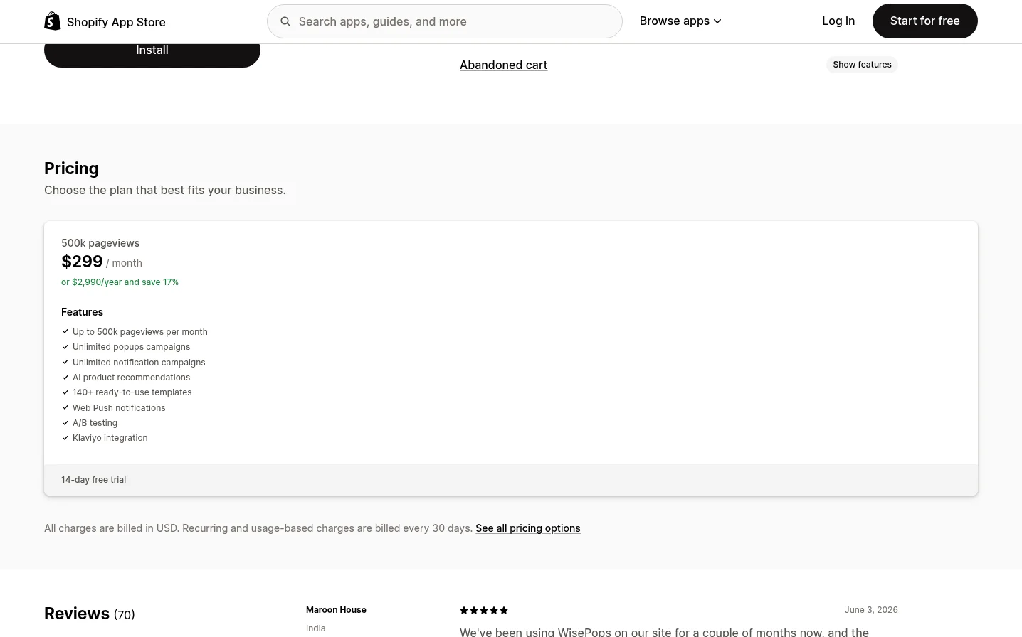 Wisepops' Shopify App Store pricing: one plan at $299 per month for 500,000 pageviews